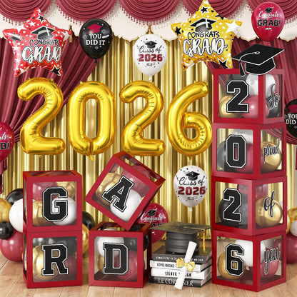 Maroon Prom Graduation Decorations Gold 2026 Number Balloons Boxes Burgundy Black Congrats Party GRAD So Pround of You Letters Star Foil Wine Red White Balloon Backdrop School College Celebrations