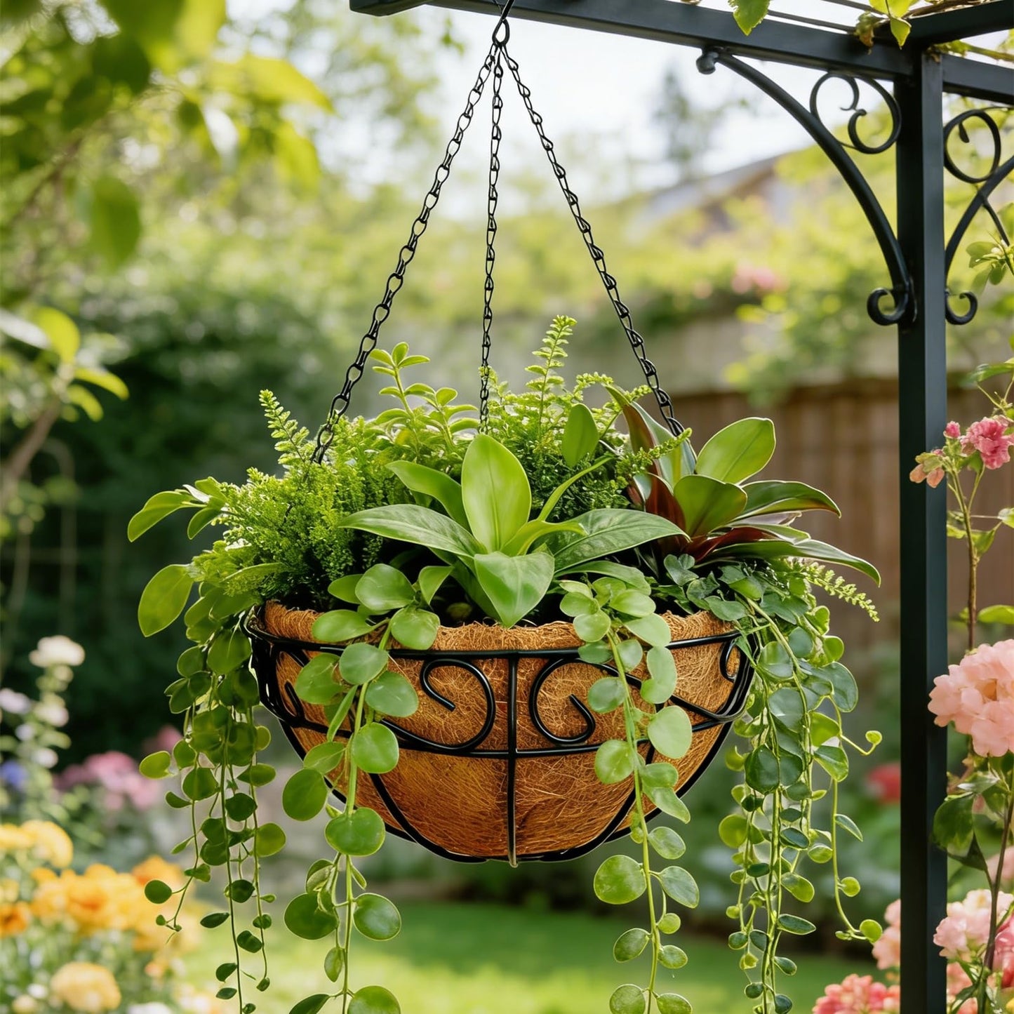 hodooly Hanging Planters for Outdoor Plants,12 inch 2 Pack Hanging Planters Basket with Coco Liners, Hanging Baskets Flower Pots for Patio,Garden, Deck, Porch Plants
