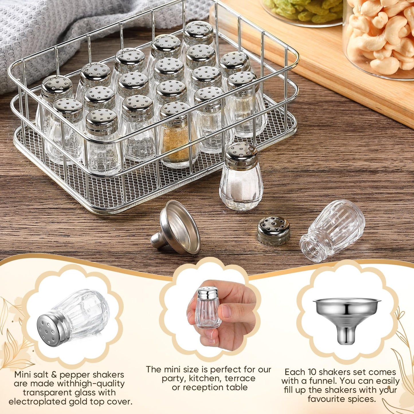 Baderke 20 Pcs 0.5 oz Cube Shape Mini Salt and Pepper Shakers Small Glass Seasoning Jars with Rack and Funnels Tiny Spice Shakers for Wedding Party Restaurant Kitchen Supplies(Silver)