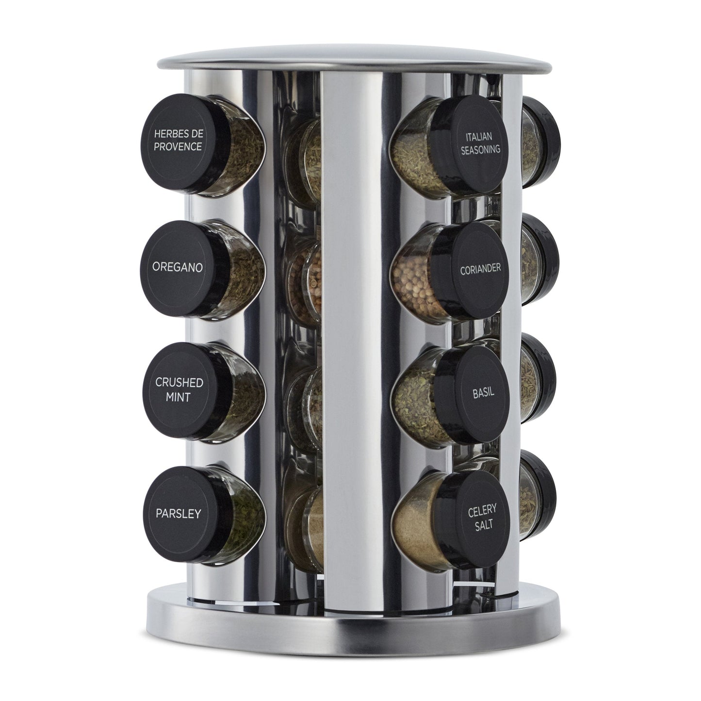 Kamenstein 20 Jar Revolving Countertop Spice Rack with Spices Included, FREE Spice Refills for 5 Years, Polished Stainless Steel with Black Caps, 30020