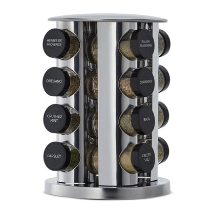 Kamenstein 20 Jar Revolving Countertop Spice Rack with Spices Included, FREE Spice Refills for 5 Years, Polished Stainless Steel with Black Caps, 30020