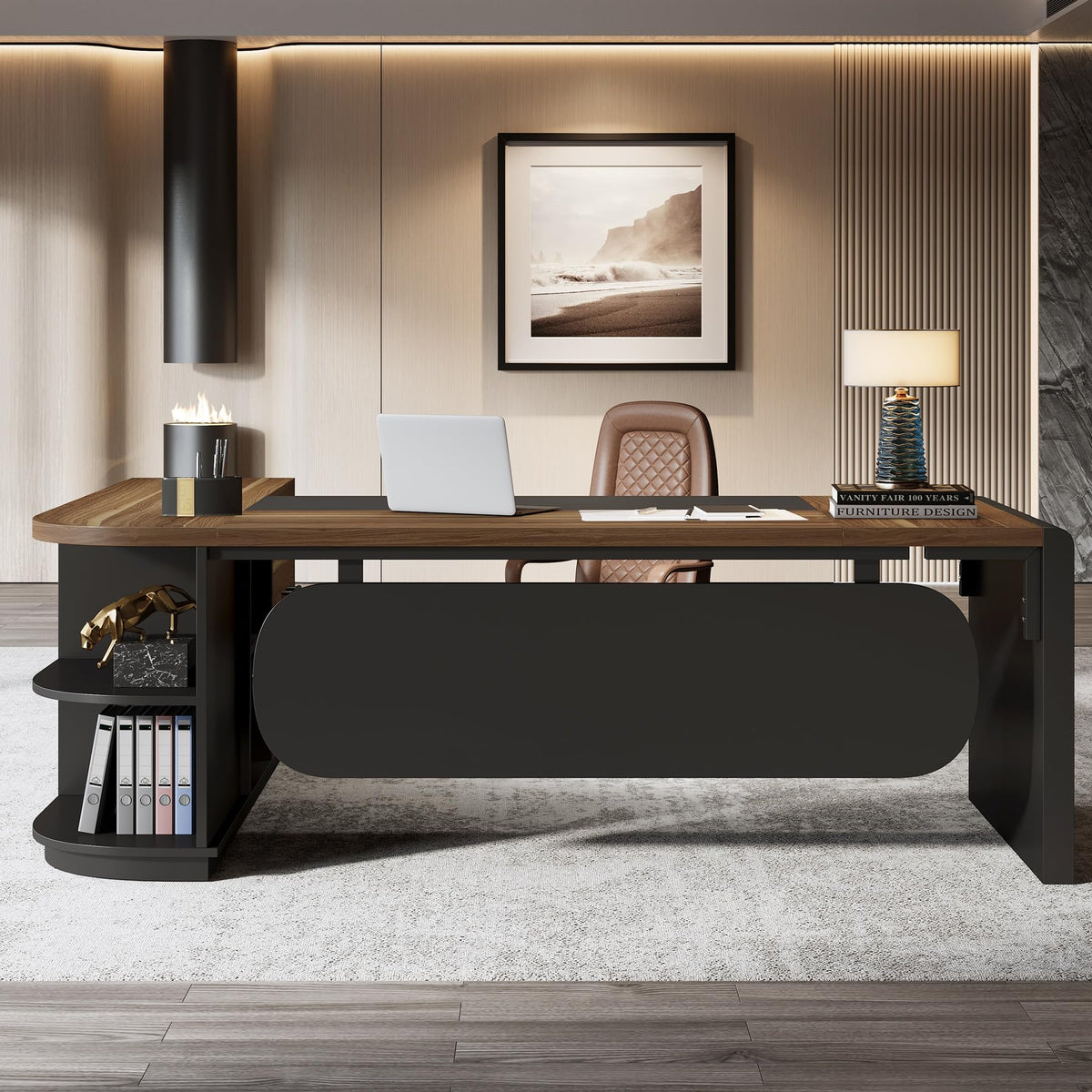 Tribesigns 80'' L-Shaped Desk, Large Executive Office Desk with 55'' Drawers Cabinet, Modern Commercial Office Table with Storage Shelves, Business Furniture for Home Office, Brown & Black