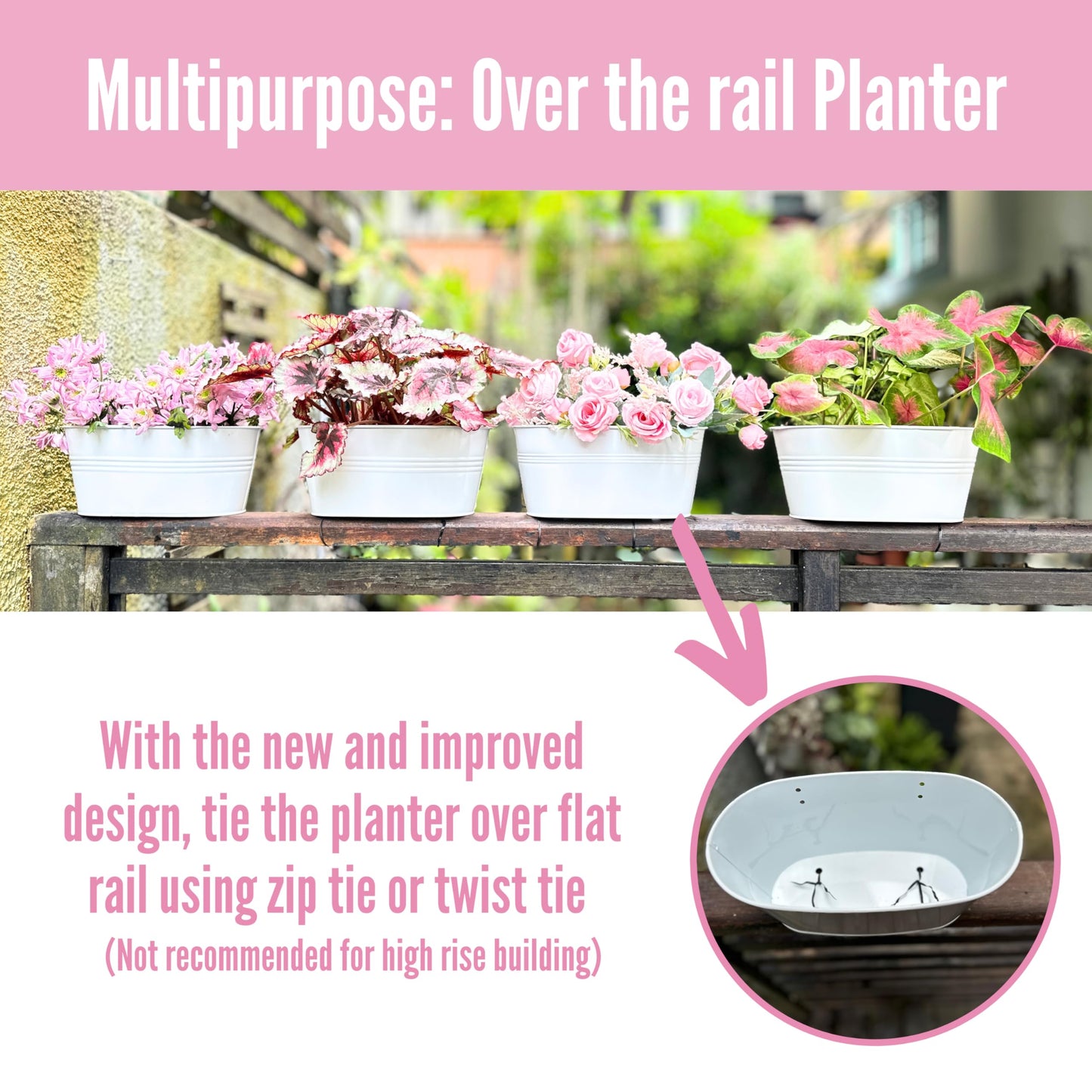 LaLaGreen Planter Boxes for Outdoor (6 Pack, 17 Inch) White Metal Deck Railing Hanging Flower Pots, Large Window Box Plant Holder Hooks Fence Rail Buckets Modern Herb Boho Style Wall Mount Porch Decor