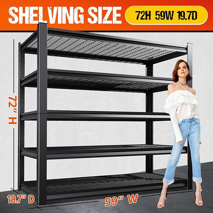 72" H Garage Shelving Heavy Duty Storage Shelves, Adjustable Metal Shelving Unit, Utility Garage Organizer Shelf for Basement, Pantry, Kitchen, Warehouse, Supermarket, 59" W x 19.7" D x 72" H