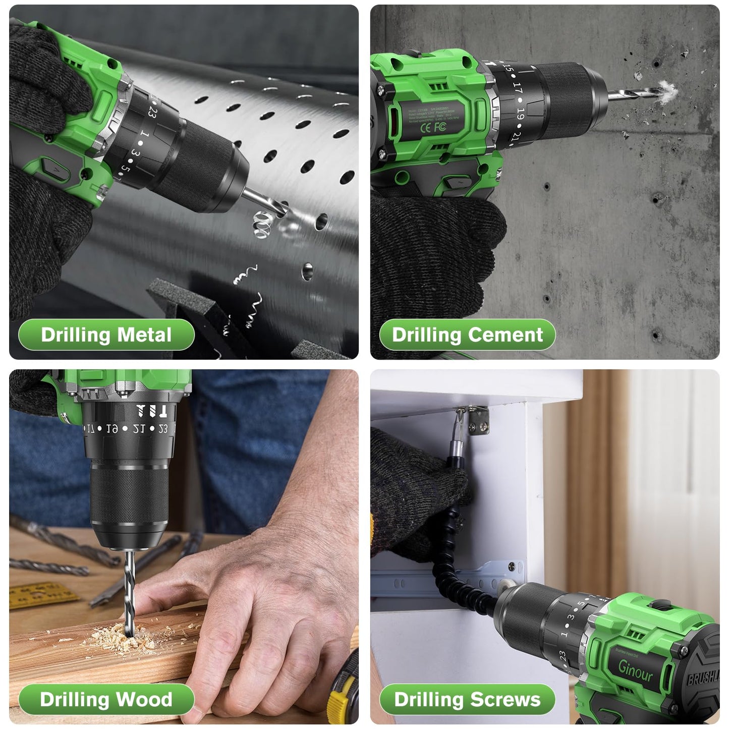 Ginour 21V Brushless Cordless Combi Drill Set, 2x1.5Ah, Hammer Drill 50Nm, compatible with Makita 18V Battery, 23+3 Torque, 2 Speed, 48PCS Electric Screwdriver kit, Impact drill for Masonry Wood Metal