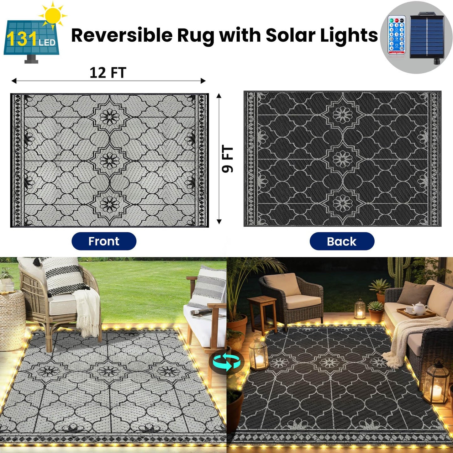9x12Ft Outdoor Rug, Solar Powered Outdoor Rug with 131LEDs Strip Lights for House Deck, Waterproof Plastic Reversible Outdoor Straw Rugs, Rugs Mat RV Camping Patio Beach Balcony Picnic (Black Gray)