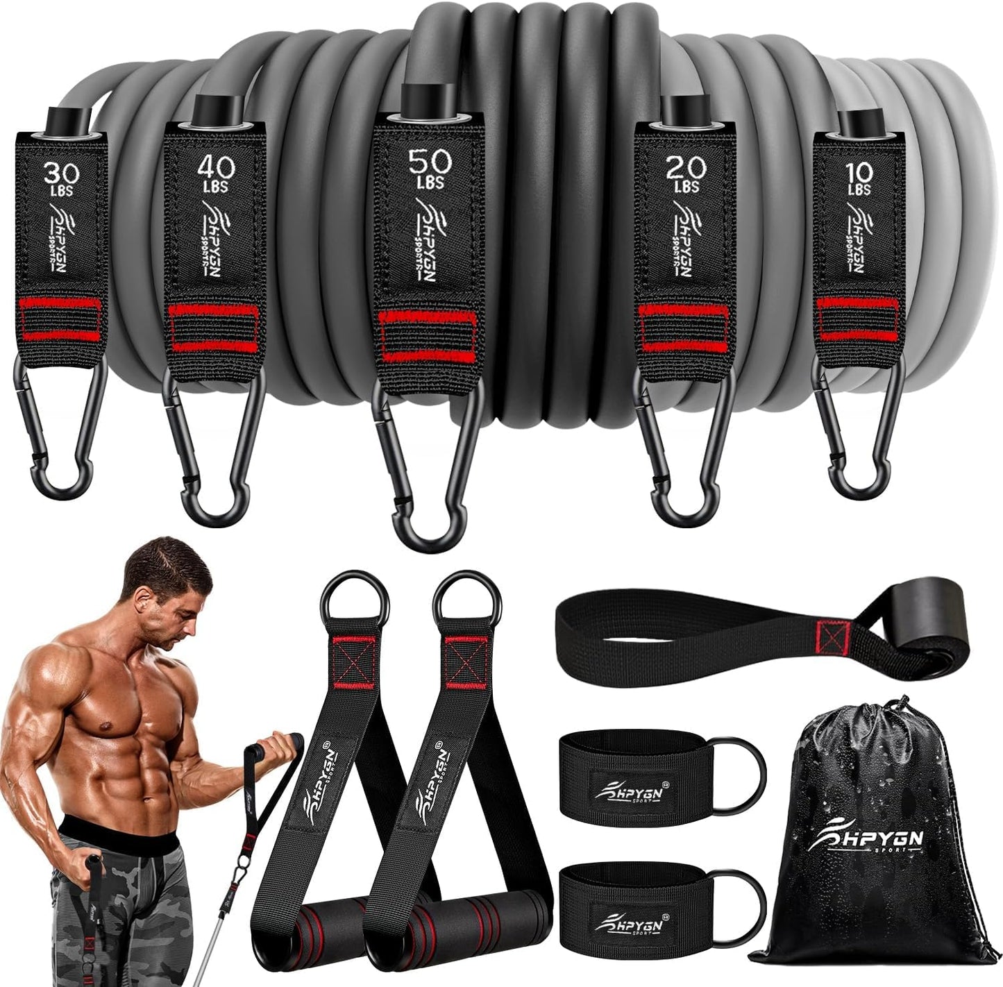 HPYGN Resistance Bands, Exercise Bands with Handles, Fitness Bands, Workout Bands with Door Anchor and Ankle Straps, for Heavy Resistance Training, Physical Therapy, Shape Body, Yoga, Home Workout Set