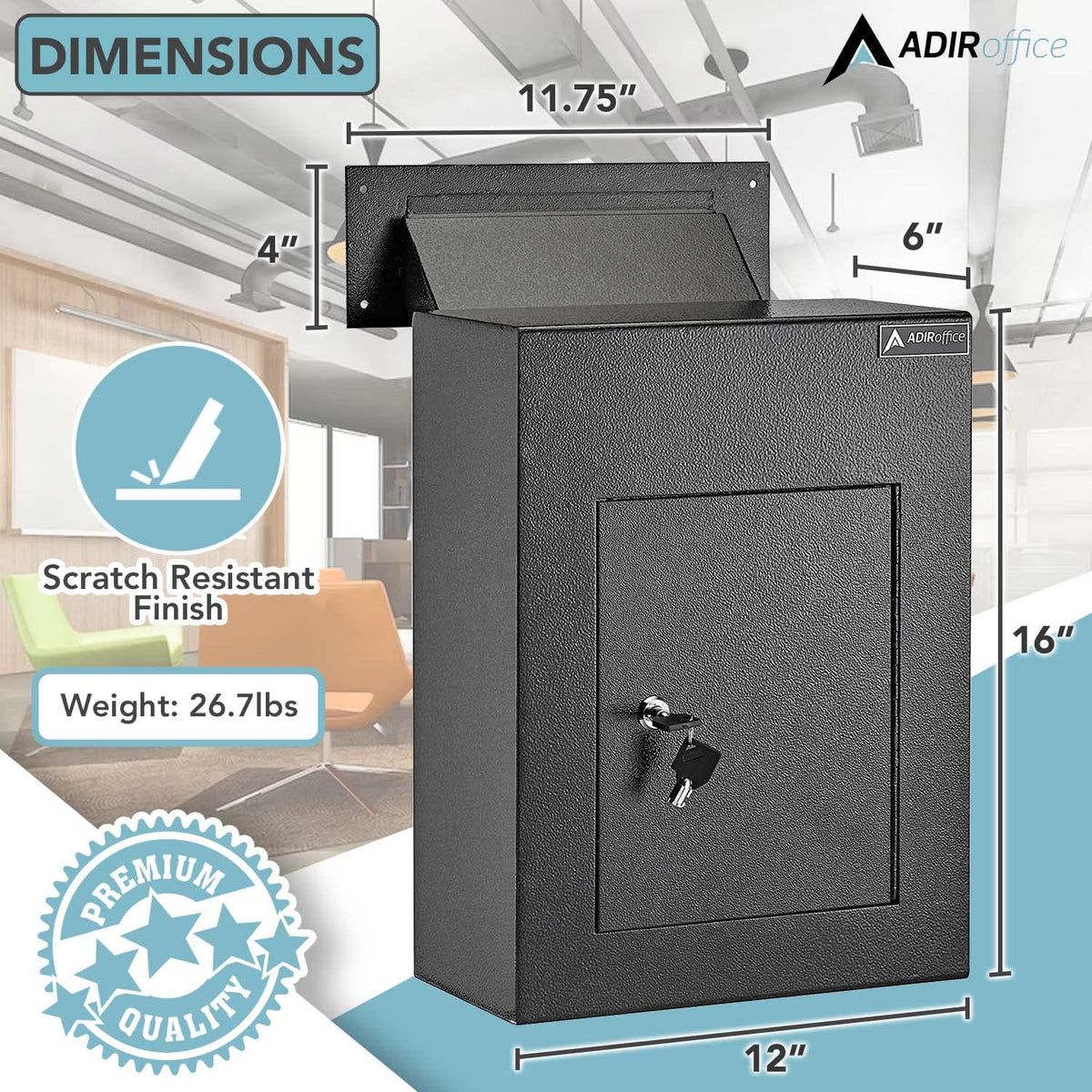 AdirOffice Through The Wall Drop Box Safe - Durable Thick Steel w/Adjustable Chute - Mail Vault for Home Office Hotel Apartment