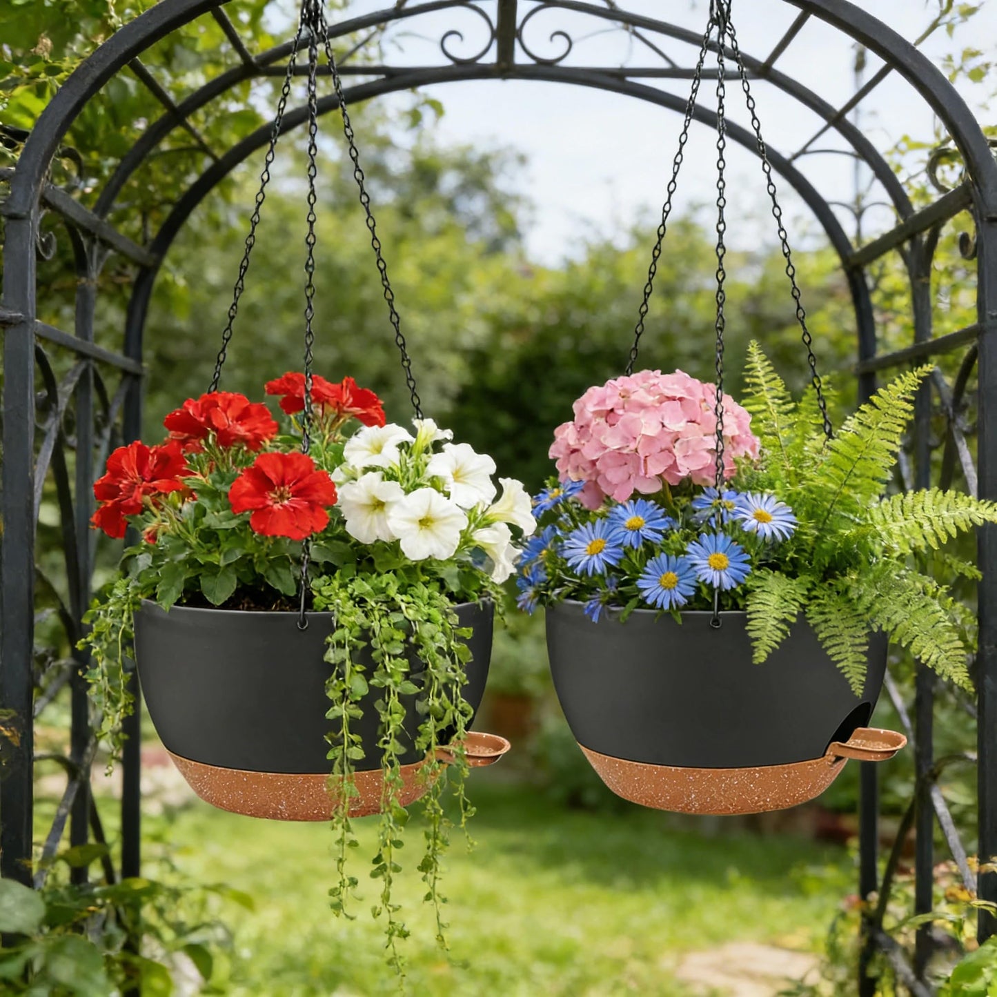 zople 2 Pack 12 Inch Self Watering Hanging Planters for Indoor Plants, Large Black Brown Plastic Hanging Pots with Chains for Outdoor Patio Garden Home Decor Black Brown