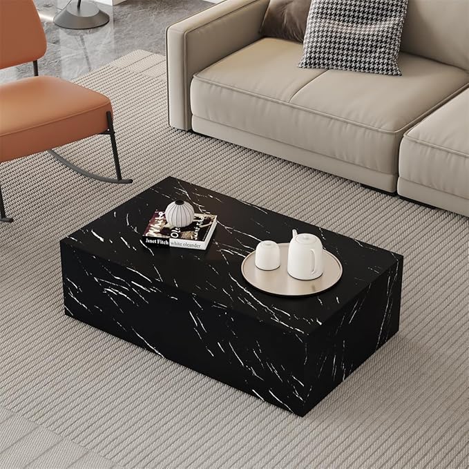 Coffee Table Living Room Table, Modern Black Faux Marble Center Couch Table