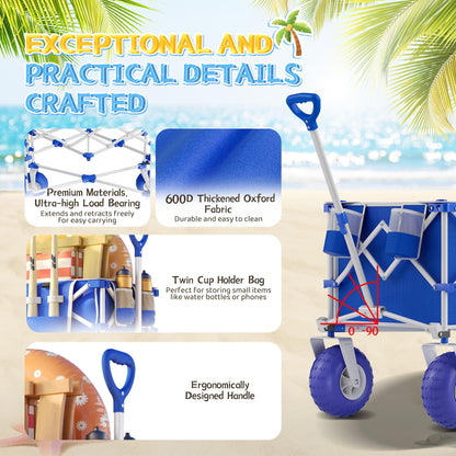 CAtArt Beach Wagon with Big Wheels for Sand, 400LBS Heavy Duty Foldable Wagons Carts, 9" All-Terrain PVC Inflatable Tires, Easy Storage for Beach, Grocery Shopping, Sports Camping (Blue)