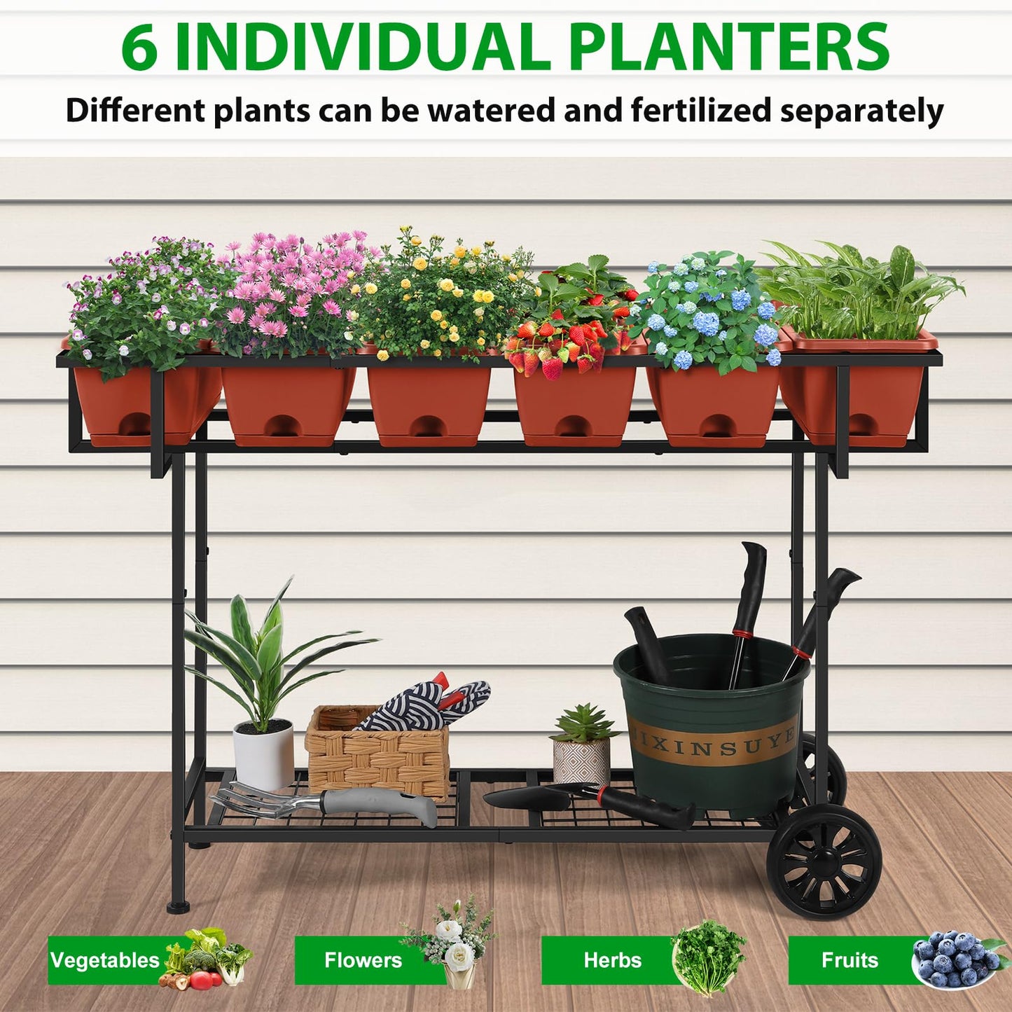 Vrisa Elevated Raised Garden Bed Outdoor with Legs 43x17x29 in Plastic Standing Planter Box with Storage Shelf and Wheels Vegetables Herbs Flowers Gardening Boxes for Backyard, Patio, Balcony, Black