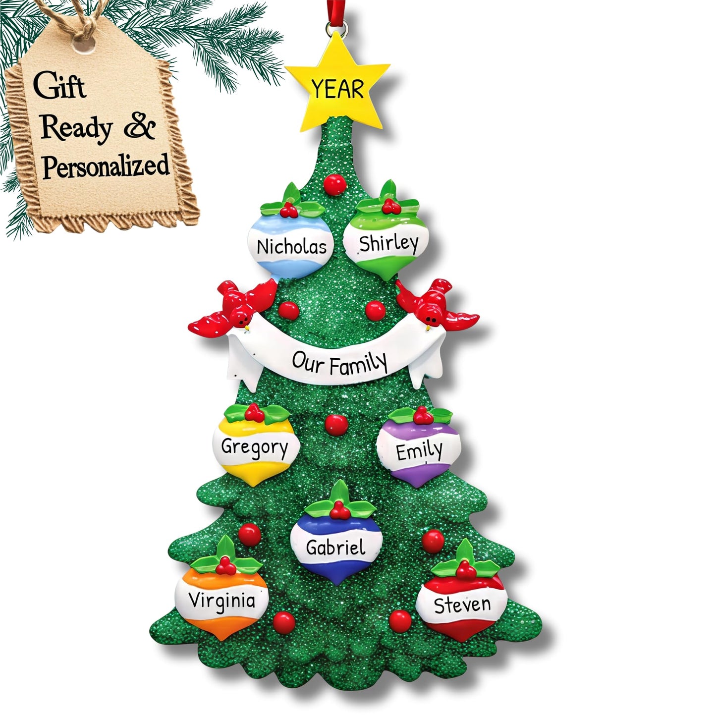 3D Baubles Family of 7 Christmas Ornament 2025 Personalized Family Christmas Ornaments 2025 | Red Cardinals in Green Personalized Tree Ornaments Customizable Gifts Xmas Balls of Seven Ornament Star