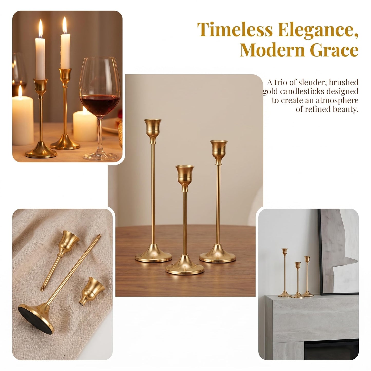 Oakernel Brass Taper Candle Holders 2 Sets(6 Pcs) - Tall Metal Candlestick Holders for Table Centerpiece, Formal Dinner, Wedding, Fireplace Mantel Decor, Fits 3/4 Inch Thick Candles