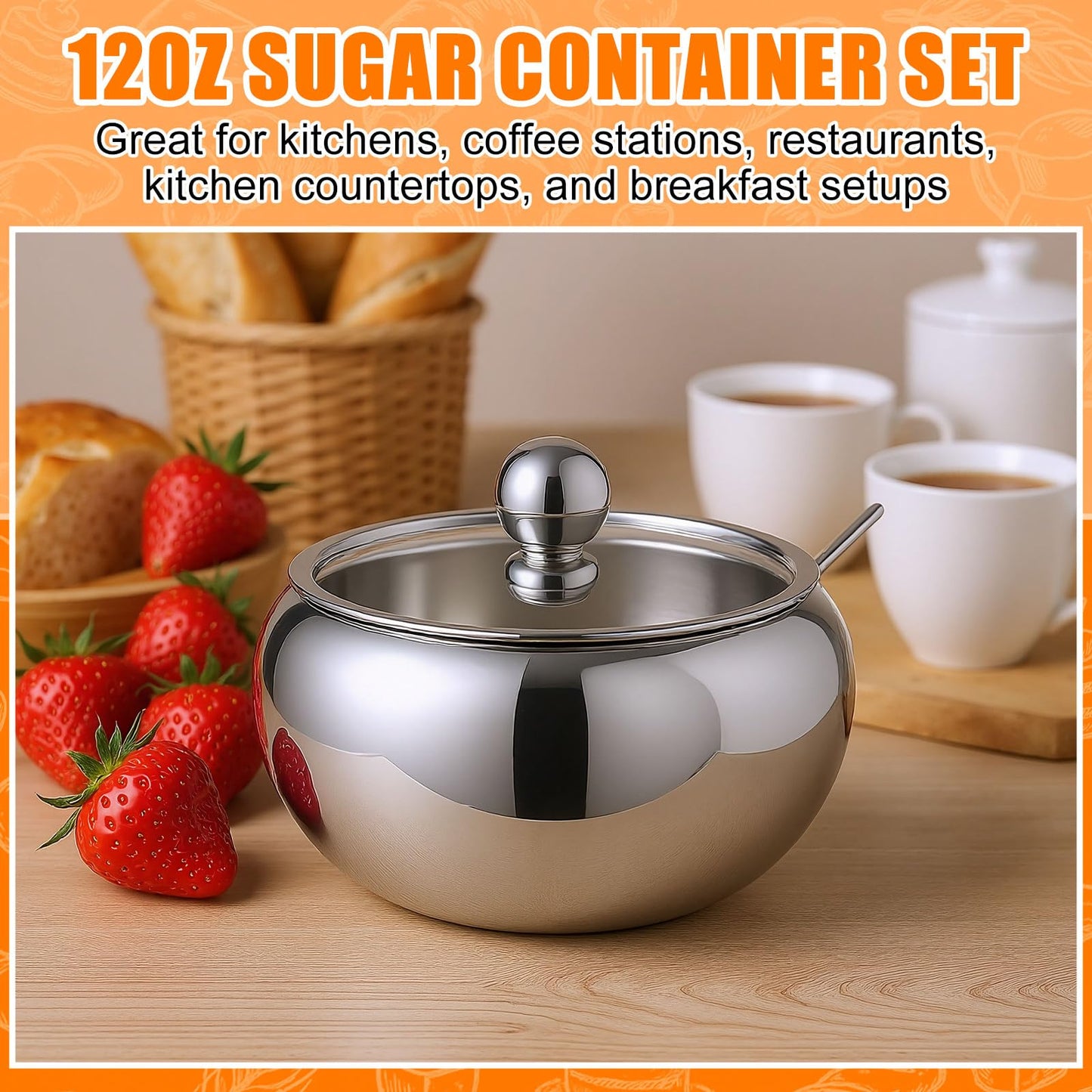 LemonRoad 2 Set 12oz Sugar Bowl with Lid and Spoon Stainless Steel Spice Container with Labels and Pen Kitchen Sugar Holder Jar Countertop Storage Accessories for Salt Coffee Tea Candy Cube