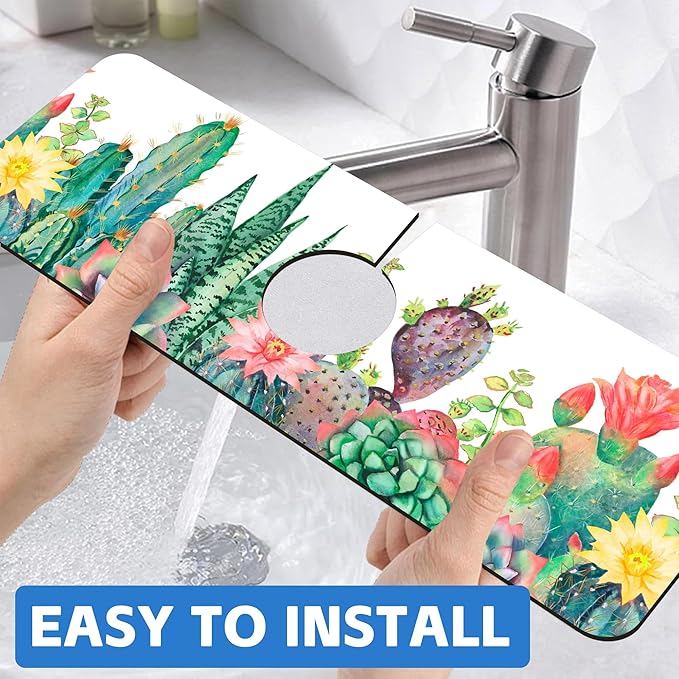 Watercolor Cactus Floral Sink Faucet Absorbing Mat Sink Splash Guard Faucet Mat
