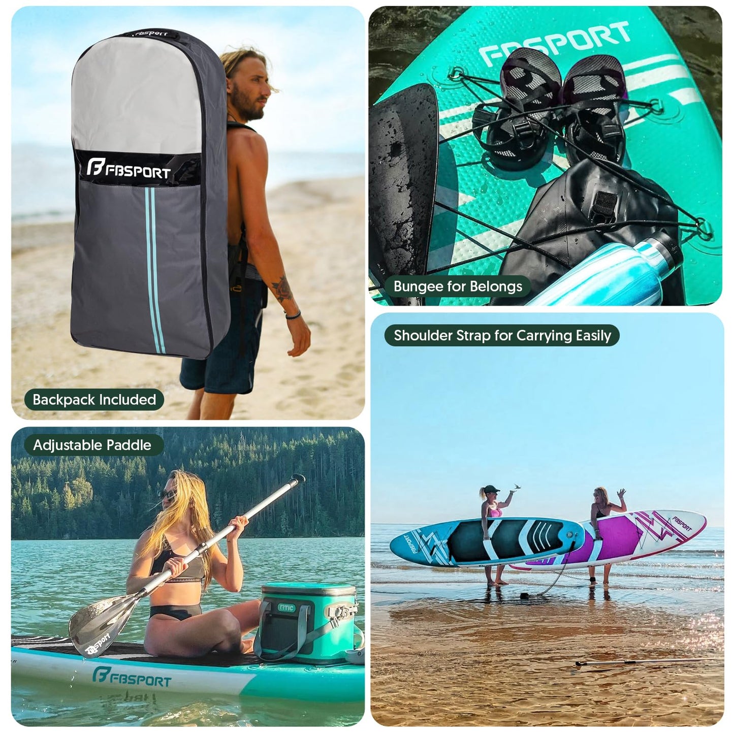 FBSPORT 11' Premium Stand Up Paddle Board, Yoga Board with SUP Accessories & Carry Bag | Wide Stance, Surf Control, Non-Slip Deck, Leash, Paddle and Pump for Youth & Adult (MintGreen)