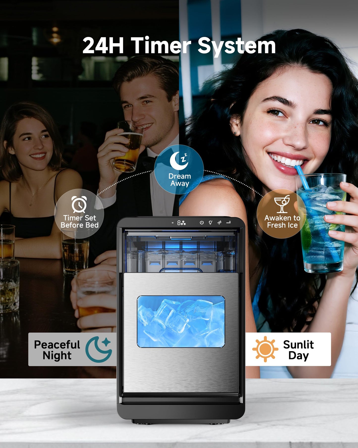 ICEVIVAL Crescent Ice Maker Countertop, 35Lbs/24H, Clear Ice Maker with Self-Cleaning & Timer, 16 Crystal-Clear Ice in 12 Mins, Countertop Ice Makers for Home, Office or Party