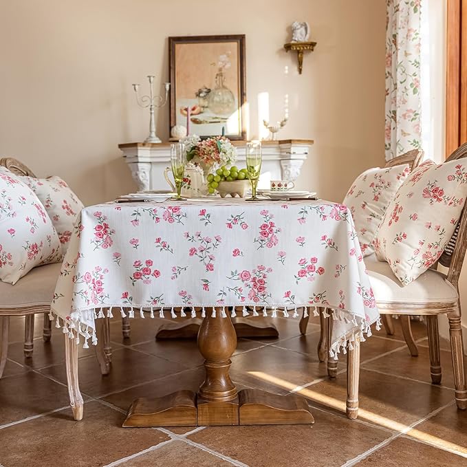 VClife White and Pink Print Table Cloth, Linen Texture Tablecloth