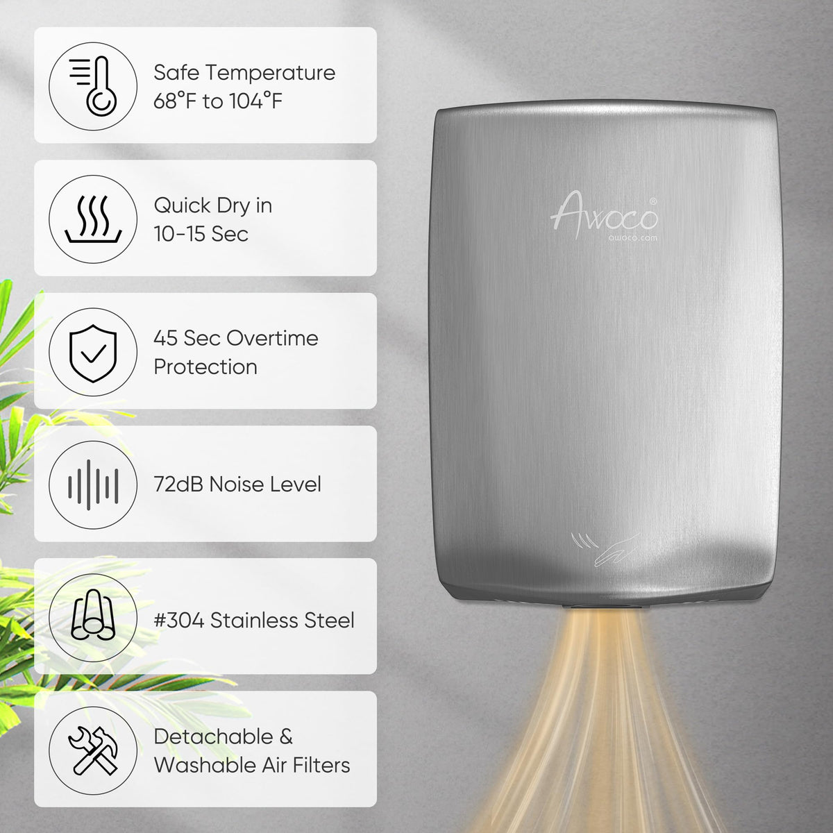 Awoco Compact Stainless Steel Automatic High Speed Commercial Hand Dryer, 1350W 120V UL Listed (Compact)
