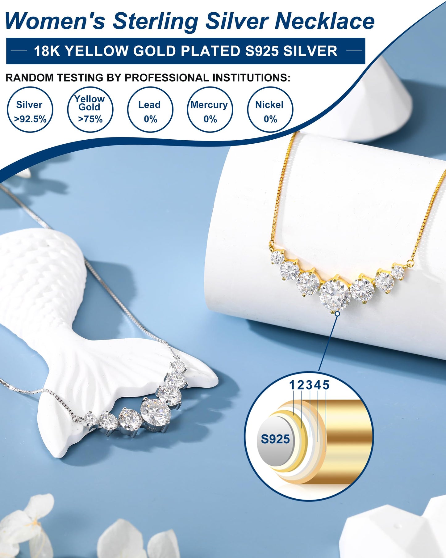 1.7 Carat Simulated Diamond Necklace for Women, 7 Stones Moissanite Pendant Necklaces 18k Yellow Gold Plated Sterling Silver Moissanite Necklace 19 inch Adjustable Box Chain Jewelry Gifts for Mom Wife