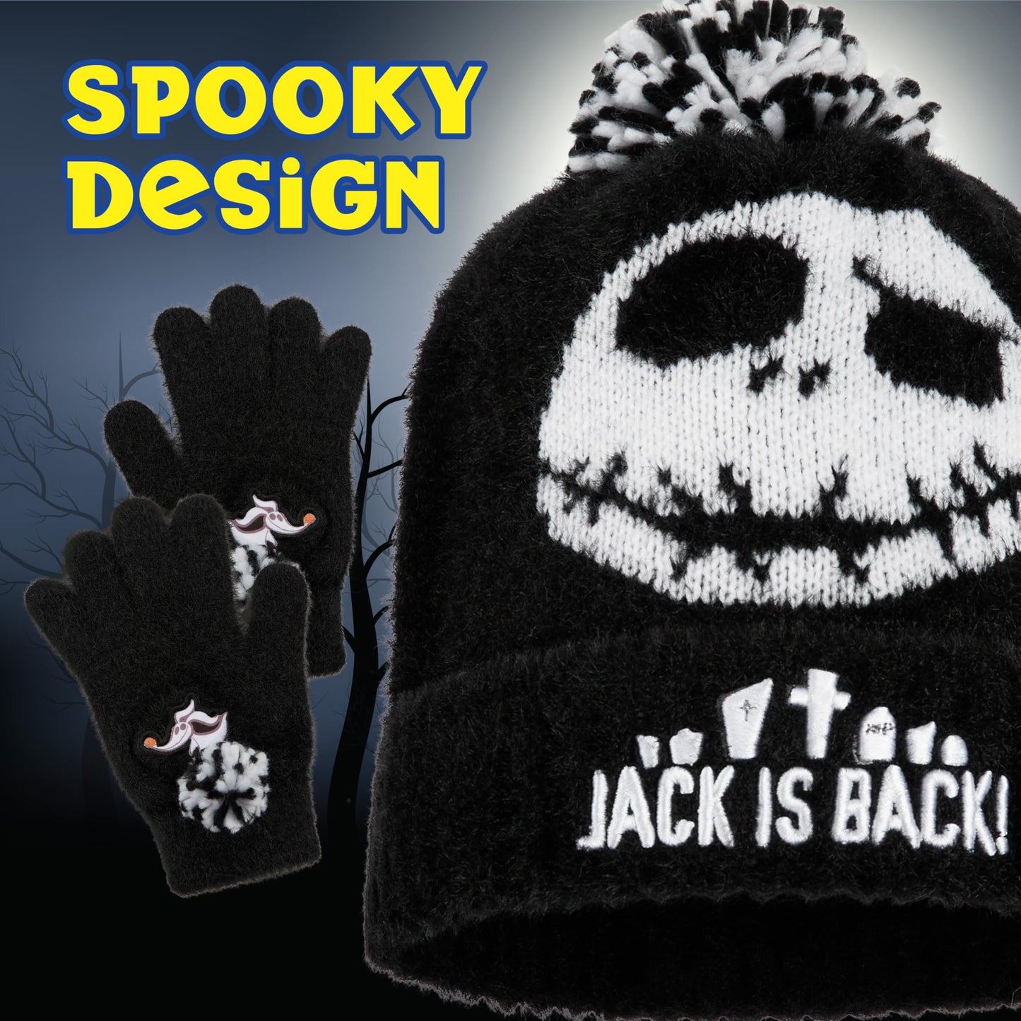 Disney The Nightmare Before Christmas Beanie Hat Gloves Set for Girls Teens, 6-14 Yrs, 2 Pc Set Travel Winter Gifts for Girls (6-14 Years, Black Jack)
