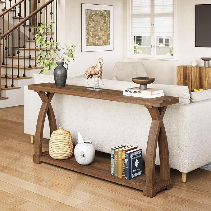 Solid Wood Console Table for Entryway, 63-Inch Narrow Farmhouse Couch Table