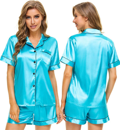 SWOMOG Womens Silk Satin Pajamas Set Short Sleeve Sleepwear Button Down Top and Shorts Loungewear 2 Piece Pjs Set XS-3XL