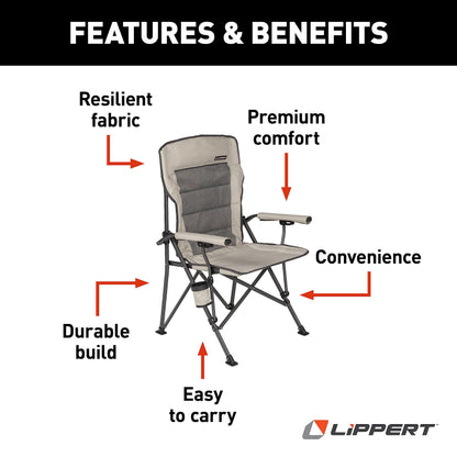 Lippert Components Scout Outdoor Folding Chair for Camping, Foldable, Steel Tube Frame, 600D Polyester, UV and Water Resistant PVC Coating, 500 lb. Weight Capacity, Sand - 2021123277
