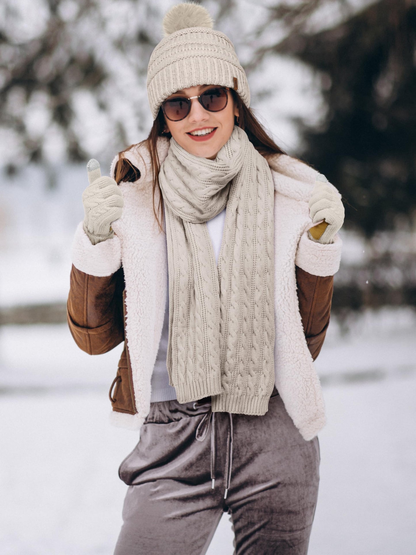 Aneco 4-in-1 Women Winter Beanie Hat Scarf Touchscreen Gloves Ear Warmer Set Fleece Lined Warm Knit Skull Cap with Pom Pom Oatmeal
