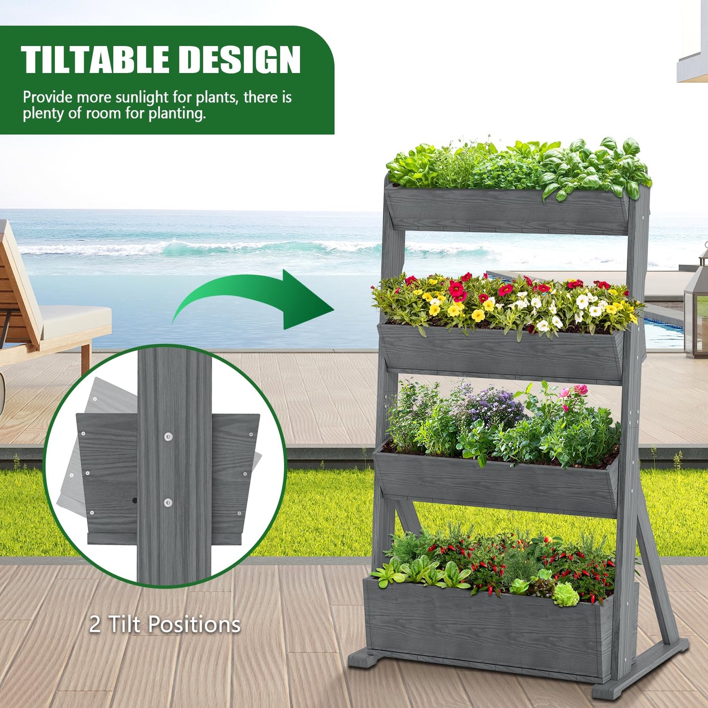 UrGROWA Wooden Vertical Raised Garden Bed, 4 Tier Garden Planters Raised Beds Freestanding Plant Stand Flower Rack Wooden Planter Box for Plants Herbs Flowers Vegetables Outdoor Indoor Gardening