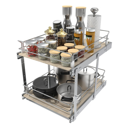 2 Tier Pull Out Cabinet Organizer 15" W X 22" D, Slide Out Drawers For Kitchen Cabinets, Pull Out Drawers For Cabinets Capacity Heavy Duty Caddy, Cabinet Pullout Shelves Wood Chrome, Pantry Storage