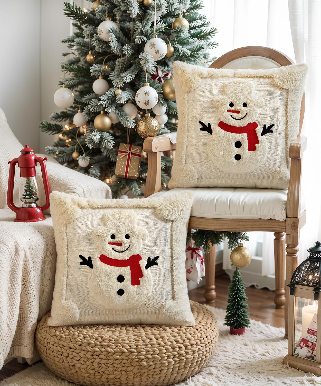 SEGXCFL Christmas Pillow Covers Set of 2 Soft Plush Faux Fur Pillow Cases 3D Embroidered Decorative Couch Cover Home Decor Christmas Throw Pillow Covers 18x18,Beige Snowman