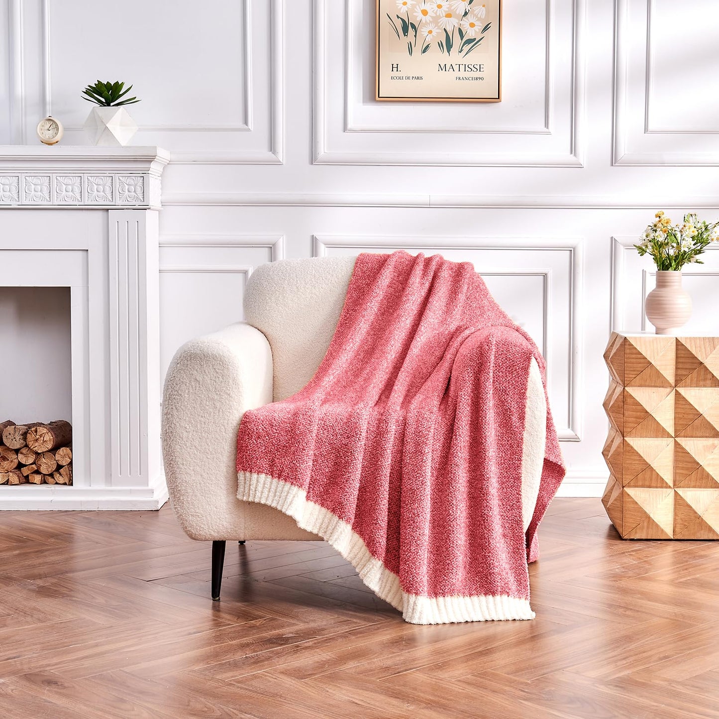 CozeCube Super Soft Fullfy Microfiber Reversible Knitted Blankets, Warm Cozy Fuzzy Plush Throw, Christmas red and White Melange Throw Blanket for Couch Bed Sofa, 50" x 60"