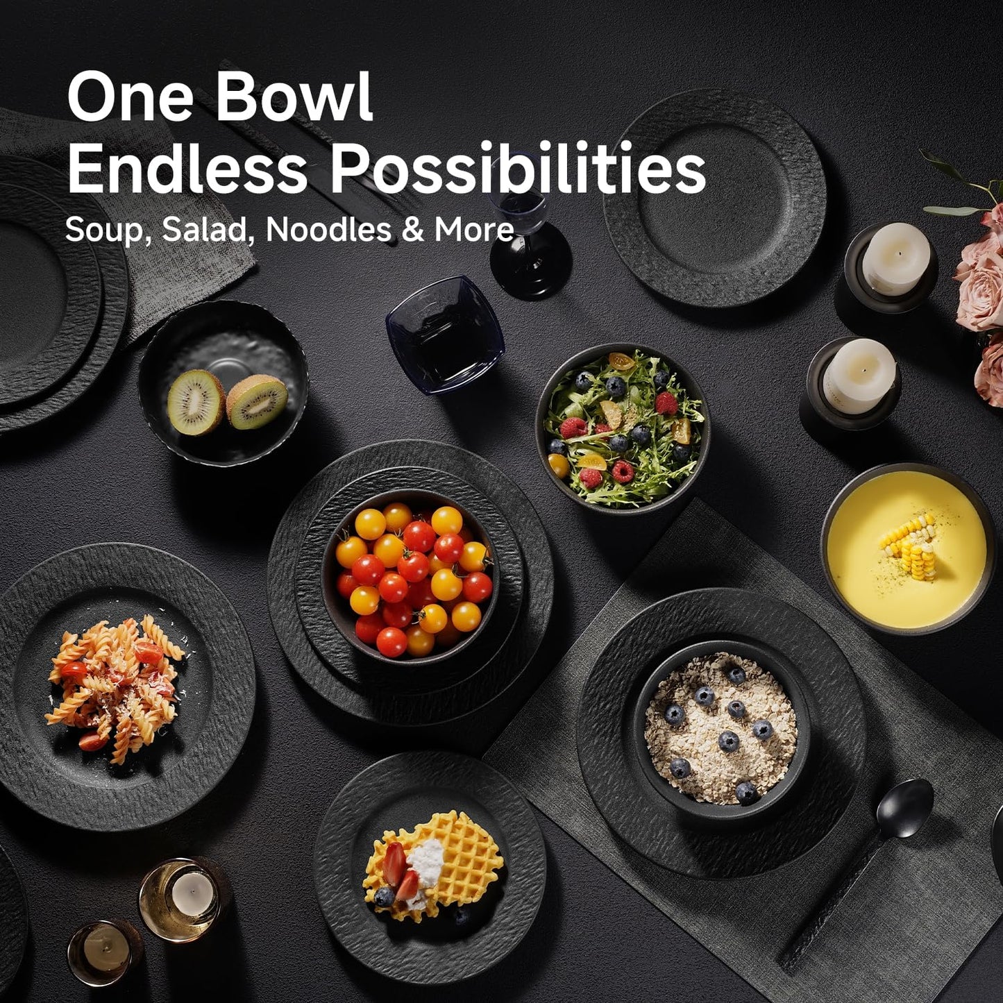KINGSTONE Black Bowls Set of 4, 20.4 OZ Matte Marble Pattern Premium Porcelain Soup Bowls, Ceramic Cereal Bowl Set for Salad, Dessert, Pasta, Microwave and Dishwasher Safe