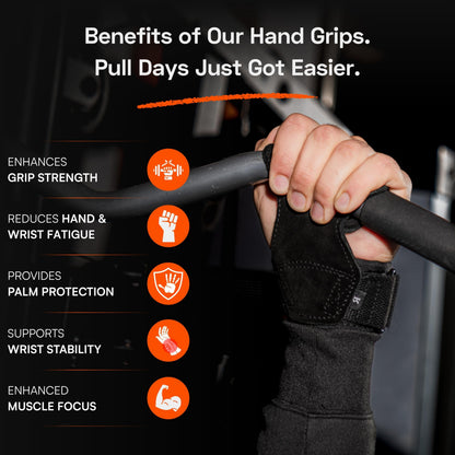 MaxOut360 Lifting Grips for Weight Lifting, Powerlifting & Weightlifting Grips with Enhanced Grip, Double Layer Leather Gym Grips for Deadlifts & Back Workouts, Black