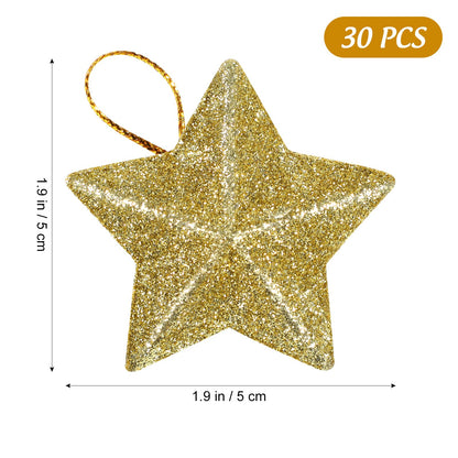 DEARMAMY 30 Pcs Gold Glitter Star Ornaments Christmas Tree Pendant Mini Hanging Stars Mini Gold Glitter Pendant Xmas Tree Ornament 3D for Christmas
