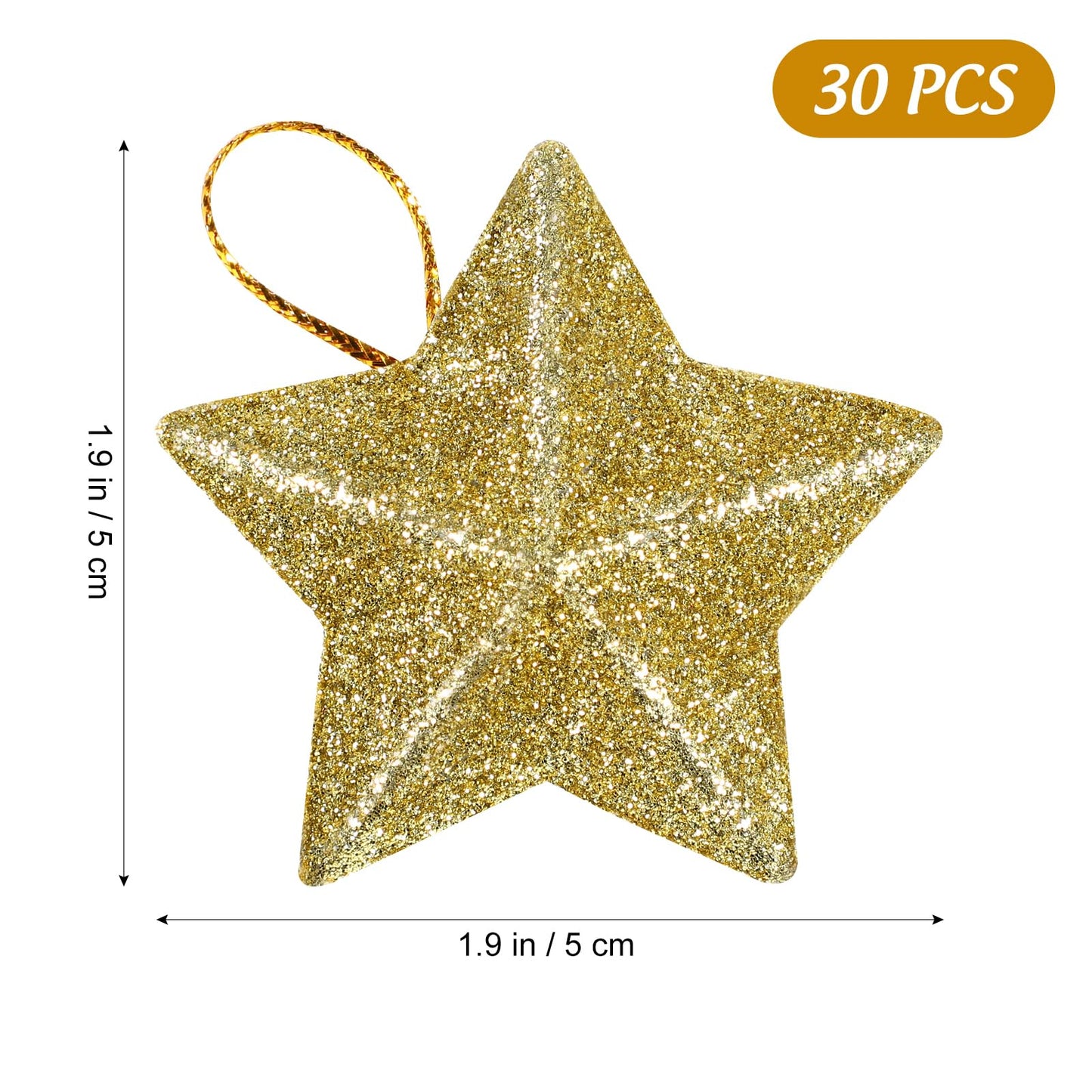 DEARMAMY 30 Pcs Gold Glitter Star Ornaments Christmas Tree Pendant Mini Hanging Stars Mini Gold Glitter Pendant Xmas Tree Ornament 3D for Christmas