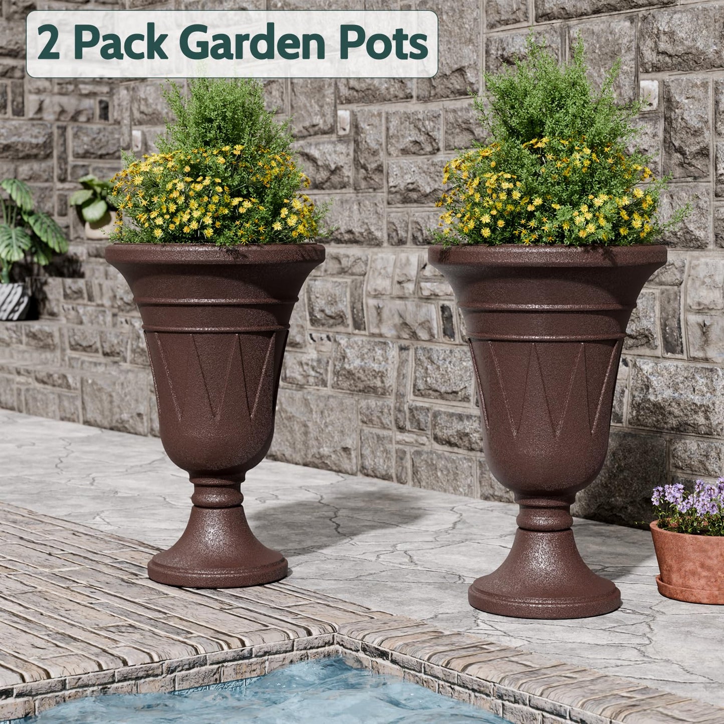 Trygoal 23.6" Tall Plastic Urn Planters for Outdoor Plants, Set of 2 Heavy-Duty Classic Indoor Large Flower Pots with Drainage Holes & Trophy Design, Outdoor Planters for Porch, Home Garden, Brown