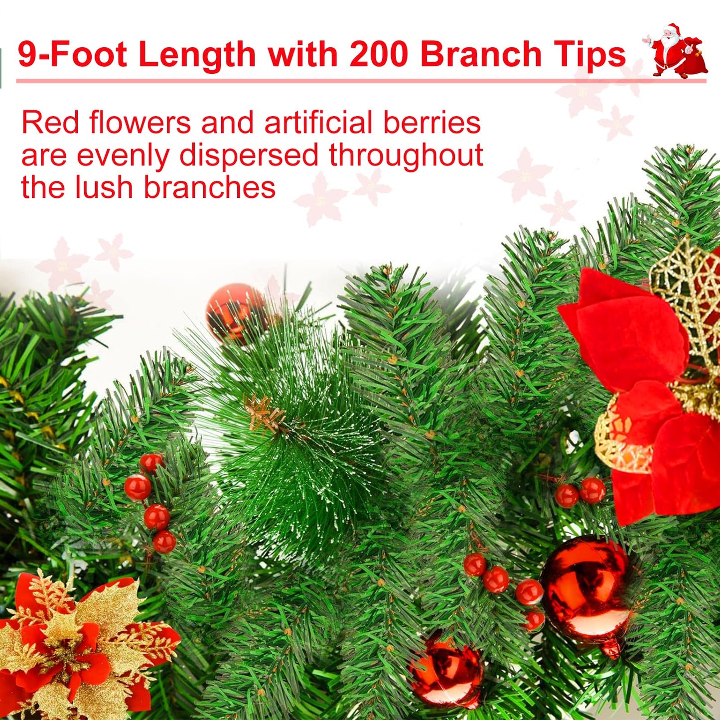 9FT Prelit Artificial Christmas Garland with Lights: Greenery Garland Decoration with 30 Warm LED Lights - Xmas Garland for Office Fireplace Mantle - Christmas's Day Indoor Outdoor Holiday (Garland3)