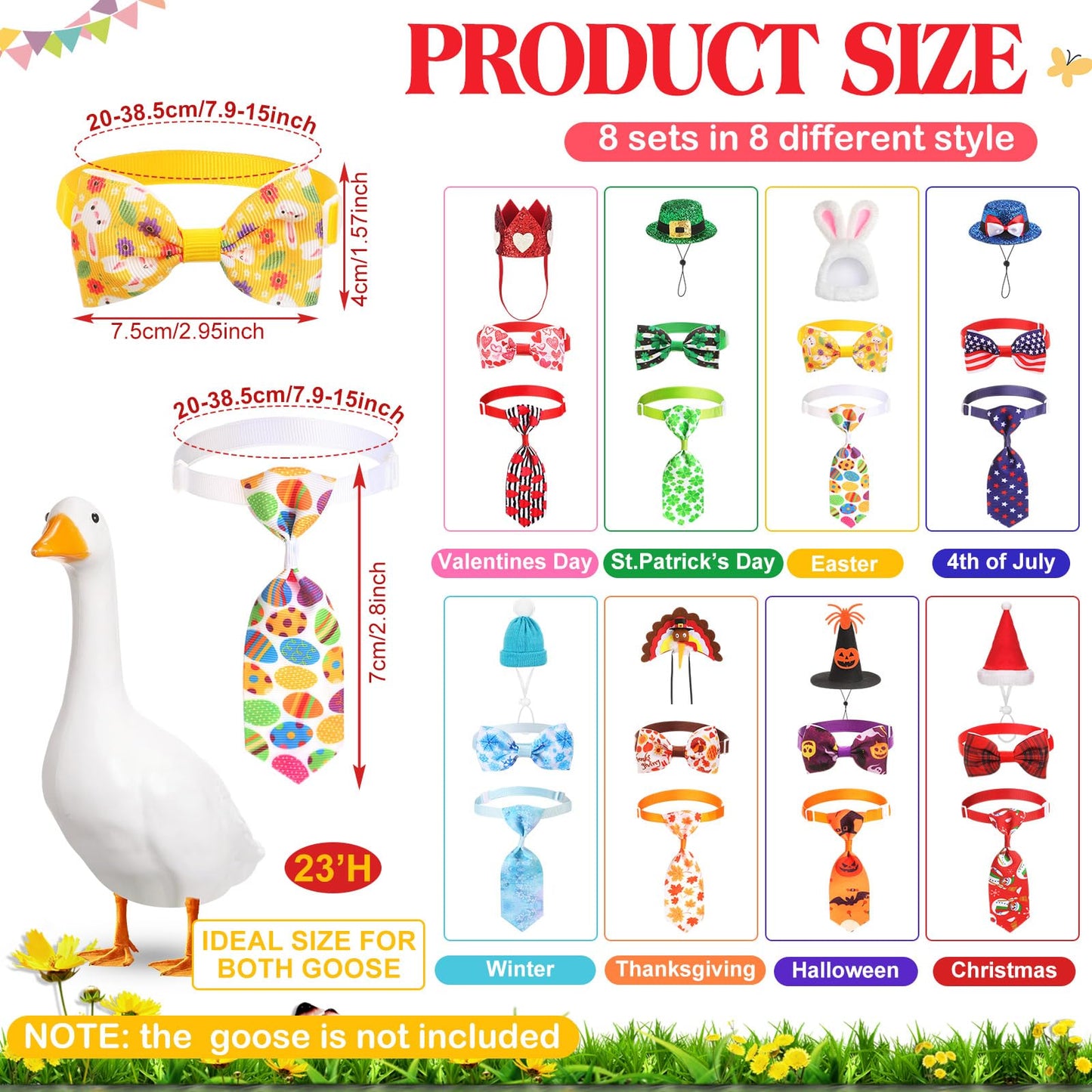 Weysat 8 Set Holiday Porch Goose Outfits All Season Holiday Bundle 4th of July Fall Halloween Christmas St. Patrick Easter Lawn Porch Geese Clothes Hat Bowtie Tie Outfit for 23" Goose Patio Yard Decor