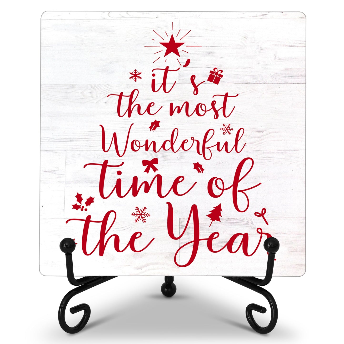 Cazhes Christmas Decorations for Home Bedroom Kitchen, Red Christmas Wooden Decor, 5x5 Inches Xmas Tree Sign with Iron Stand, Birthday New Year Gifts for Women-G09