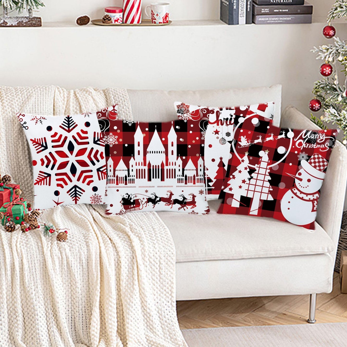 Wilproo Set of 4 Happy Winter Snowflake Merry Christmas Tree Red Castle Deer with Snowman Velvet Throw Pillow Case Cushion Cover Decorative for Sofa Living Room Square 22X22 Inches