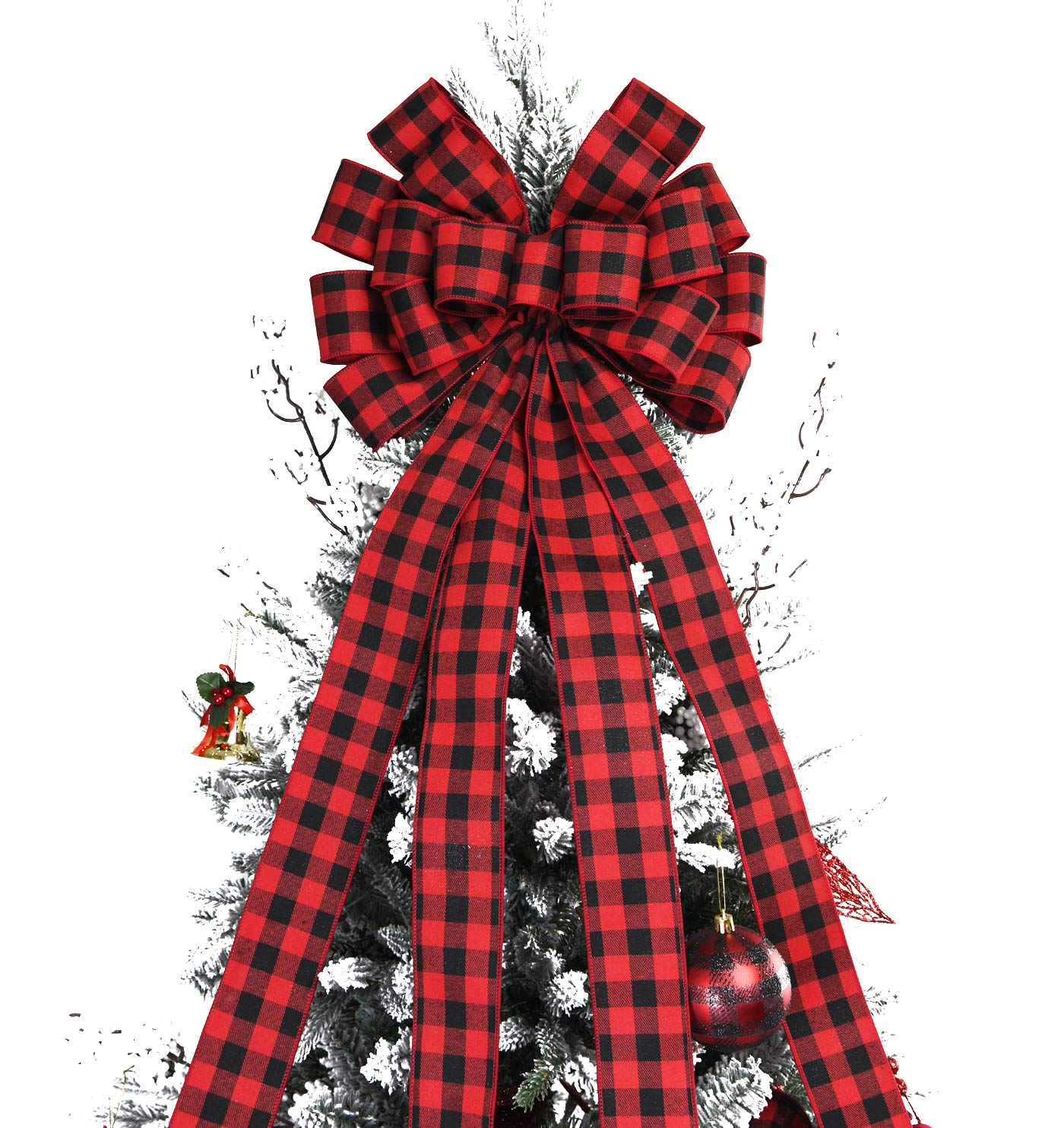 Christmas Checked Tree Topper,48x13 Inches Large Toppers Bow,Red and Black Plaid Buffalo Decorative Bows for Christmas Decoration (Red and Black Plaid)
