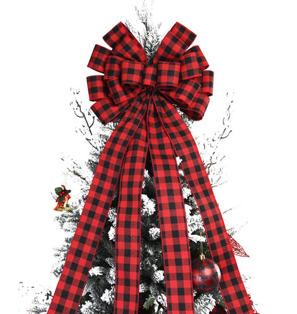Christmas Checked Tree Topper,48x13 Inches Large Toppers Bow,Red and Black Plaid Buffalo Decorative Bows for Christmas Decoration (Red and Black Plaid)