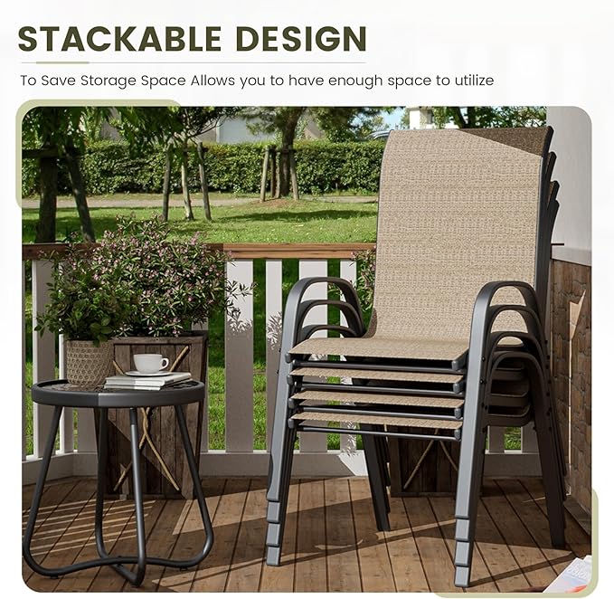 UDPATIO Patio Chairs Set of 4, Stackable Outdoor Dining Chairs with High Back, Breathable Outdoor Chair All Weather Textilene Fabric, 350LBS Capacity for Garden/Backyard (Brown)