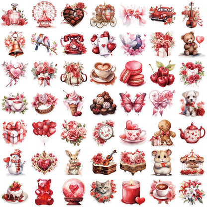 50pcs Transparent Love Stickers,Red Vintage Valentine Sticker Waterproof PET Stickers for Scrapbook Journaling Photo Album Collage Card Heart Romantic Sticker for Teens and Adults (red)