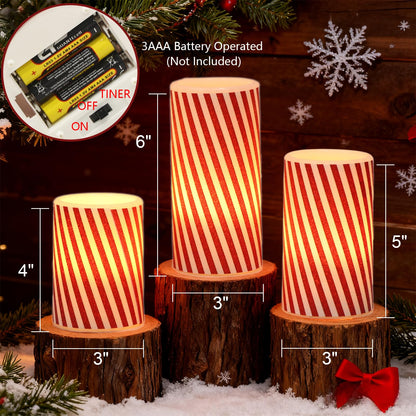 Wondise Christmas Red Stripes Glitter Flickering Flameless Candles with 6H Timer, Battery Operated Pillar Candles, Real Wax LED Candles for Home Christmas Decoration Gift(D3 x H4 x5 x6)