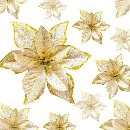 KEPATO Christmas Glitter Poinsettia Christmas Tree Ornaments Pack of 12 (Gold)