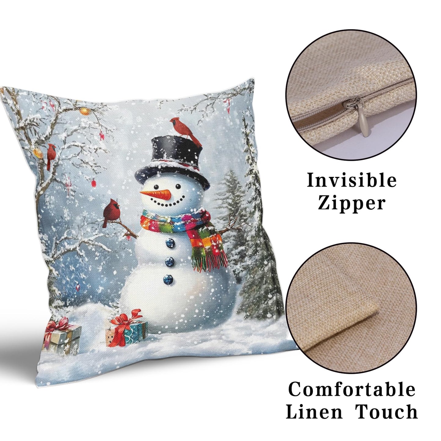 Evlaschin Snowman Pillow Covers Set of 2 Winter Snowflakes Birds Christmas Decorative Throw Couch Pillowcases Cotton Linen Double Sided 20x20 Inches Xmas Trees Holiday Indoor Outdoor Cuchion Covers